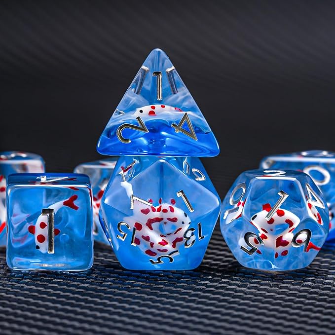 Red Fish Resin D&D Dice Set, Polyhedral Dice for Dungeons and Dragons Role Playing Games (D20, D12, D10, D8, D6, D4)