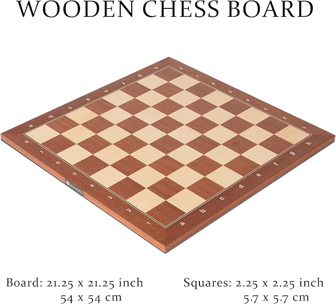 A&A 21.25" Professional Wooden Tournament Chess Board/Mahogany & Maple Inlaid / 2.25" Squares w/Notation