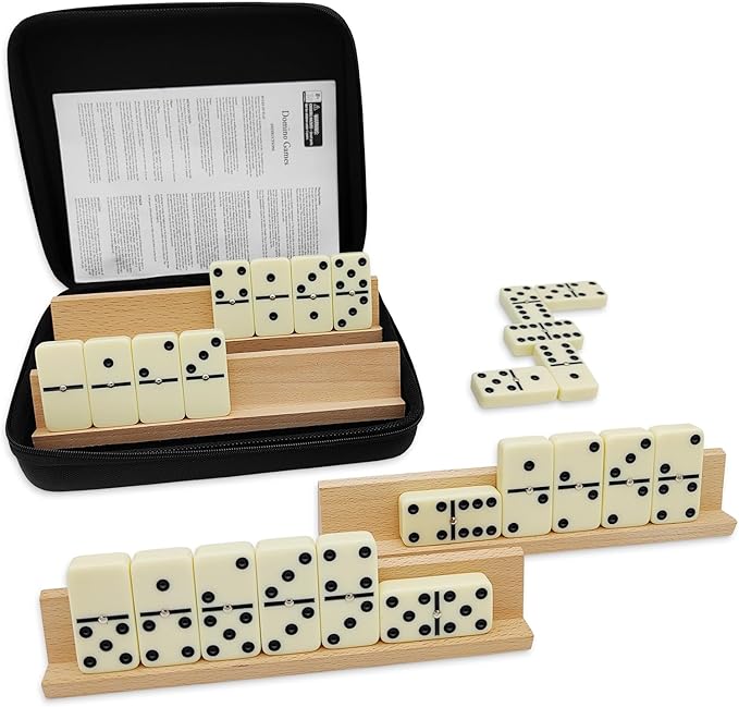 Jumbo Dominos Set for Adults with 4 Wooden Racks/Trays, Double 6 Dominoes Travel Set with Portable Case Double Six Dominoes Set with 4 Tiles Holders, 28 Tiles Dominos Set for Family Board Games