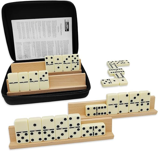 Jumbo Dominos Set for Adults with 4 Wooden Racks/Trays, Double 6 Dominoes Travel Set with Portable Case Double Six Dominoes Set with 4 Tiles Holders, 28 Tiles Dominos Set for Family Board Games