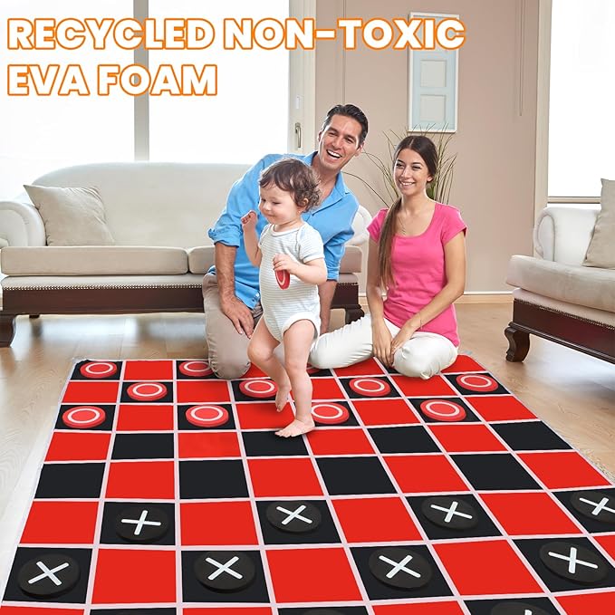 2-in-1 Giant Checkers Board Game & Tic Tac Toe Game Set, Jumbo Outdoor Lawn Games with 4.6x4.6ft Machine-Washable Mat & 4 Ground Stakes - Perfect Backyard Games for Kids & Adults
