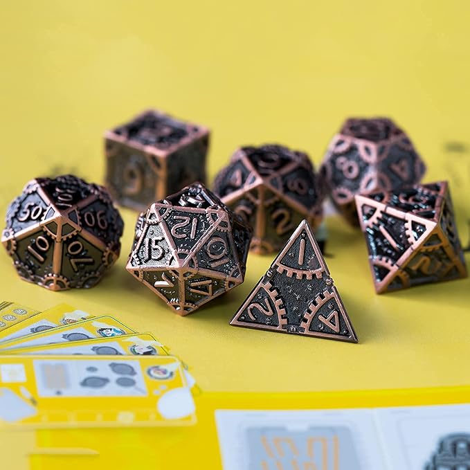 UDIXI Steampunk Metal Dice Set 7 Die Polyhedral DND Dice Set D&D Dice for Dungeons and Dragons Role Playing Game and Math Teaching (Ancient Copper)