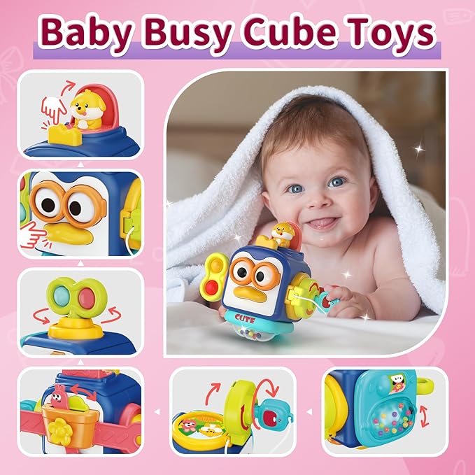 3 in1 Baby Toys 12 Months - Busy Board Sensory Toys, Tissue Box Toy, Pull String Teether, Learning Toy for Babies 12 18 Months, Baby Sensory Toys Gifts for 12 18 Months Old
