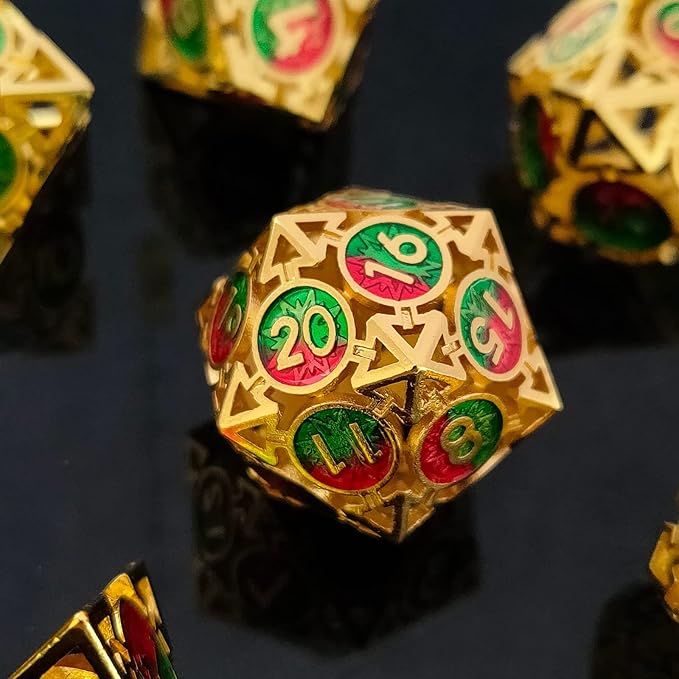 Metal DND Dice Set - D&D Dungeons & Dragons Polyhedron Metal Hollow Dice 7 Piece Set Board Game Cosplay Dice Accessories Gift MTG Pathfinder - Red & Green