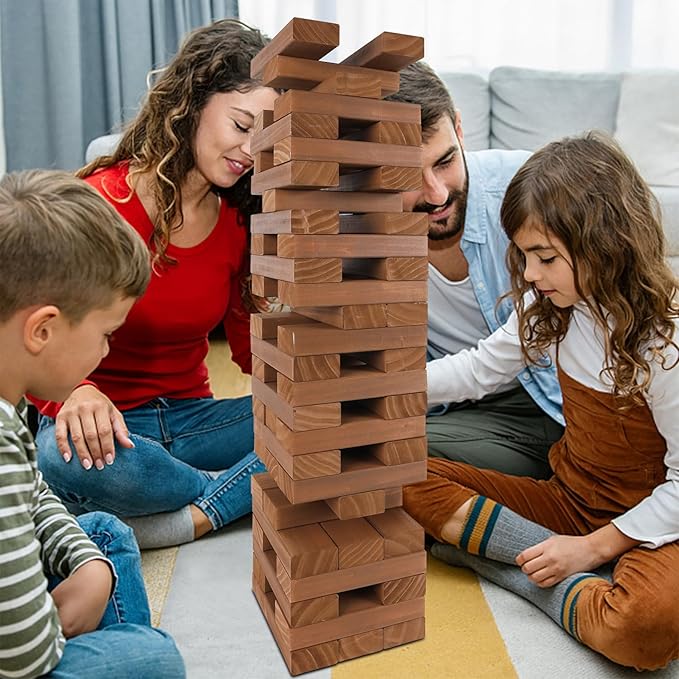 Juegoal 54 Piece Giant Tumble Tower Brown for Adult Kids Family, Wooden Block Stacking Game with Gameboard & Canvas Bag, Outdoor Games for Backyard Lawn Party Playing, 6.9 x 6.9 x 24 Inches,X-Large