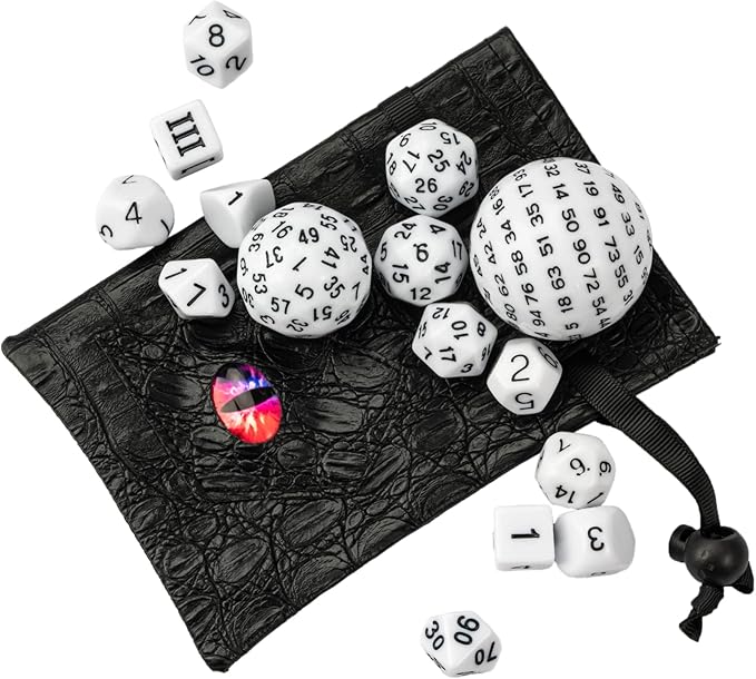 15 Pieces Complete Polyhedral DND Dice Set D3-D100 Spherical D&D Dice Set with Dragon Eye Dice Bag, D100 Dice for Dungeons and Dragons, RPG, MTG Table Games(White w/Black Numbers)