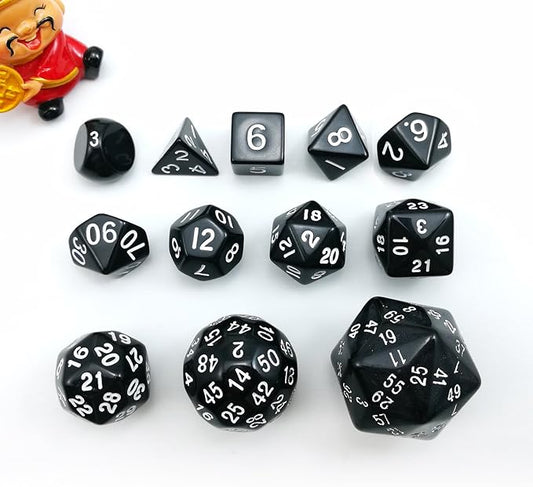Complete Polyhedral Dice Set of 12pcs D3-D60 60 Sides and 50 Sides RPG Dice Set Opaque Black D3 D4 D6 D8 D10 D% D12 D20 D24 D30 D50 D60