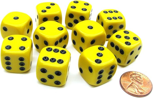 Koplow Games Set of 10 D6 16mm Rounded Corner Opaque Dice - Yellow with Black Pips