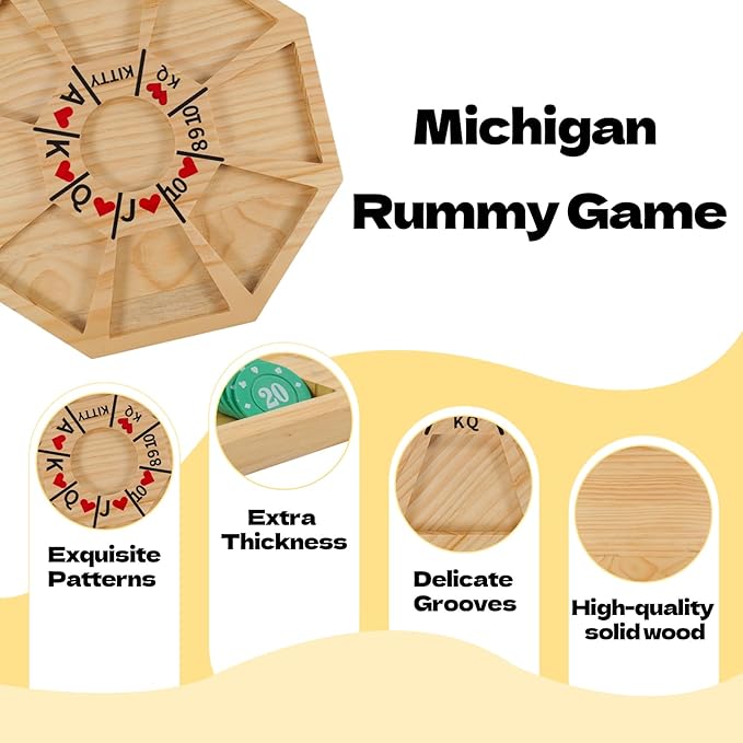 Michigan Rummy Board Game Deluxe Se tPerfect Blend of A Royal Game of Hearts Rummy Poker Wooden Tripoley Board Game Betting Bluffing Game Classical Family Card Game for 100 Chips (Log -Medium)