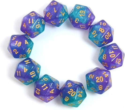 SmartDealsPro 10-Pack 20 Sided Dice D20 Polyhedral Dice for DND RPG MTG Table Game (Glitter Green-Purple)