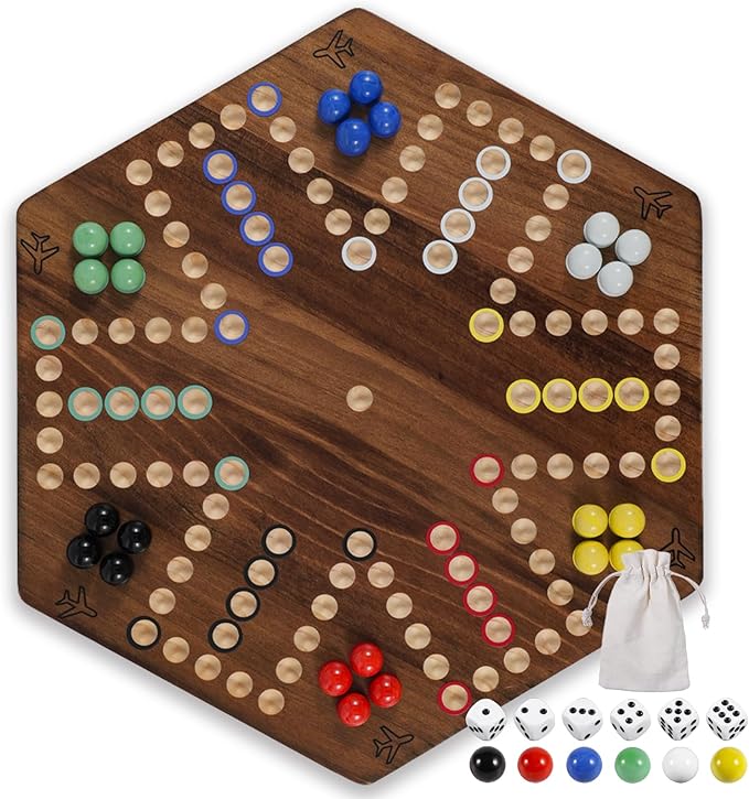 15 inches Wooden Fast Track Board Game Original Wahoo Board Game for 6 and 4 Players with Marbles and Dices Burnt Color Board Marble Game(Small)