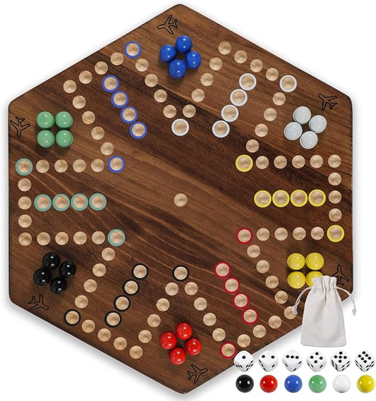 15 inches Wooden Fast Track Board Game Original Wahoo Board Game for 6 and 4 Players with Marbles and Dices Burnt Color Board Marble Game(Small)