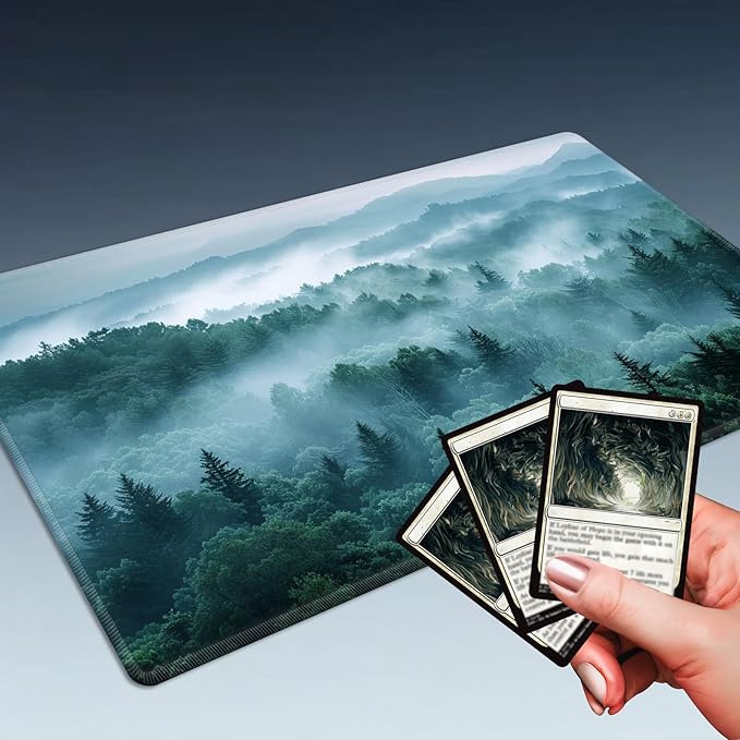 MTG Playmat Size 23.6x13.8in with Storage Bags Portable Playmat TCG and Board Game Mat for Cards Rubber Base Slip-Resistant Mousepad Desk Mat (Foggy Forest,No with Zone)
