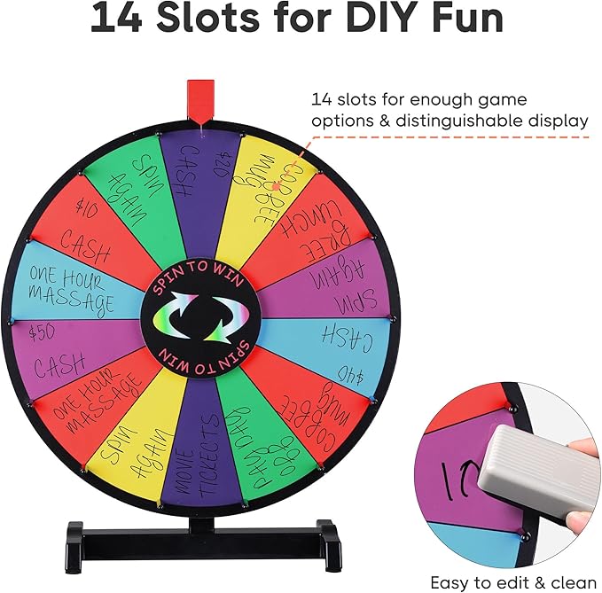 WinSpin 18" Round Tabletop Color Prize Wheel 14 Clicker Slots Heavy Duty Editable Spinning Wheel for Fortune Design Carnival Spin Game and Tradeshow, Classic Series