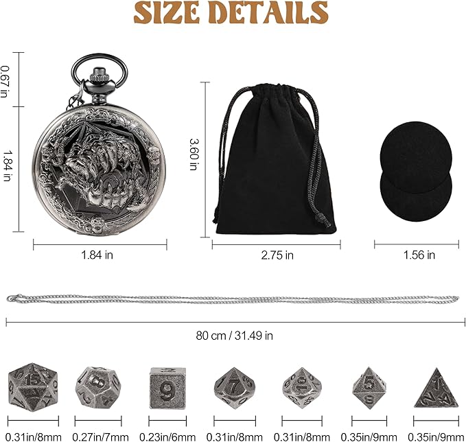 D&D Dice Set,7PCS Metal Dice for Dungeons and Dragons,Mini Dice Set with Pocket Watch Case,Role Playing Board Games Accessories (Monster, Ancient Silver)