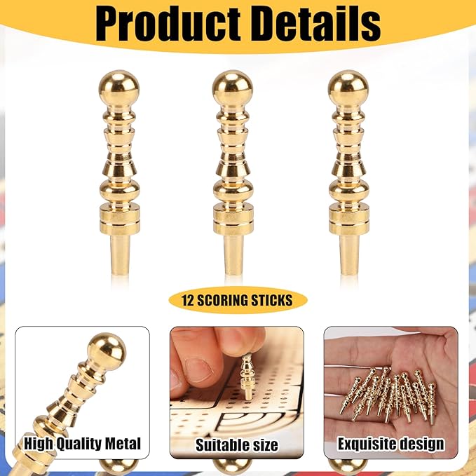 12pcs Cribbage Board Pegs, Gold Brass Cribbage Pegs Board Score Pins Fit 1/8 Inch Holes Game Accessories for Traditional Game