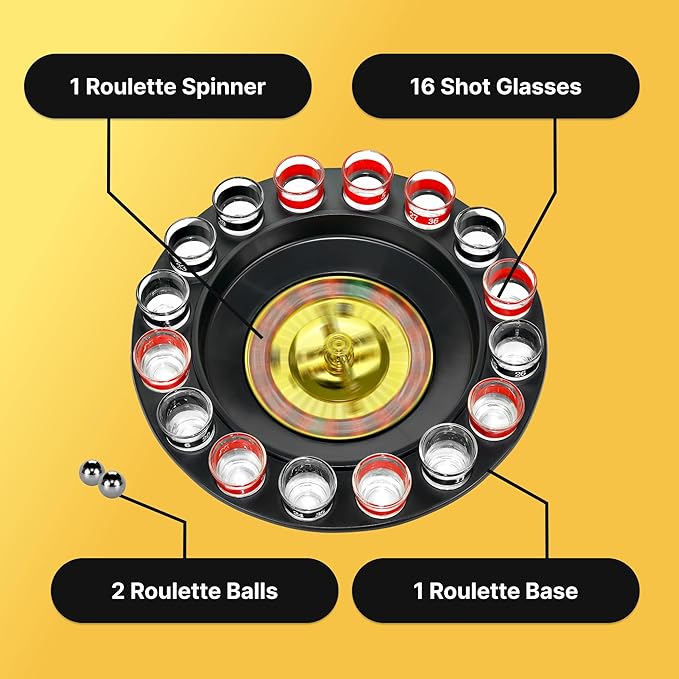 Shot Glass Roulette Drinking Game – 16-Piece Red/Black Set with 2 Metal Balls, Fun Adult Party Game for White Elephant, Game Nights, and Gifts