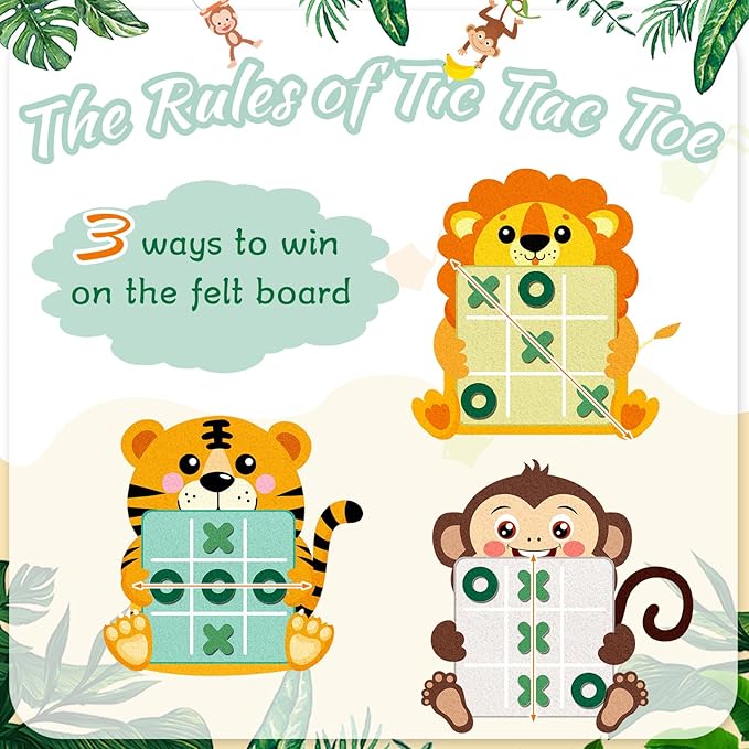 Capoda 24 Pack Jungle Animals Safari Theme Party Favors Tic Tac Toe Strategic Board Game Felt with Storage Bags Jungle Theme Goodie Bags Stuffers for Safari Animal Birthday Party Favor Classroom Prize