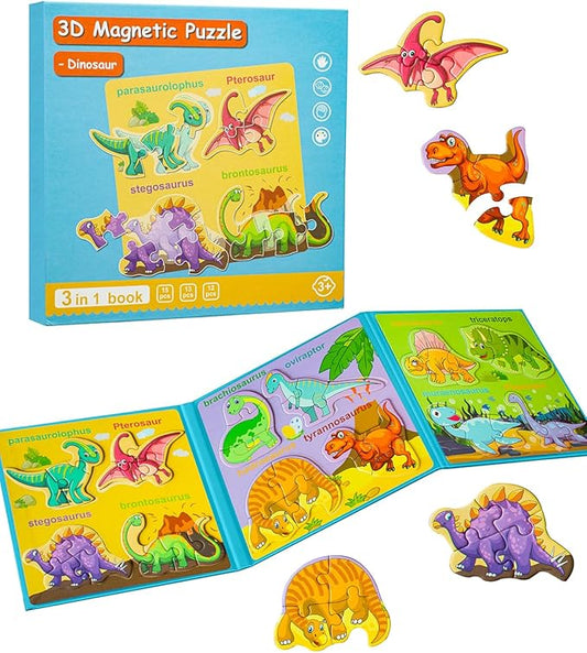 Magnetic Puzzles for Toddlers 2-4, Travel Puzzles Games for Kids Ages 1-3, Dinosaur Activities Toy Wooden Jigsaw Puzzles Book for Boys & Girls 1 2 3 4 5, Learning Magnet Gift for Road Trip (Dinosaur)
