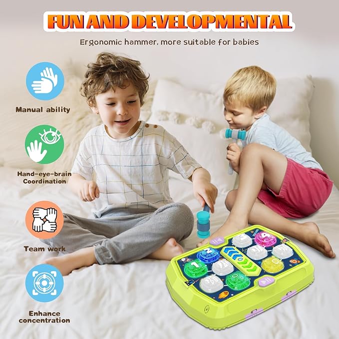 Whack Mole Game Toy for Toddler, Toys for 3 4 5 6+ Year Old Boys/Girls, Interactive Educational Pounding Toys with 2 Hammers, Music & Light, 3 Modes, Birthday Xmas Gifts for Boys Girls Kids Age 3+