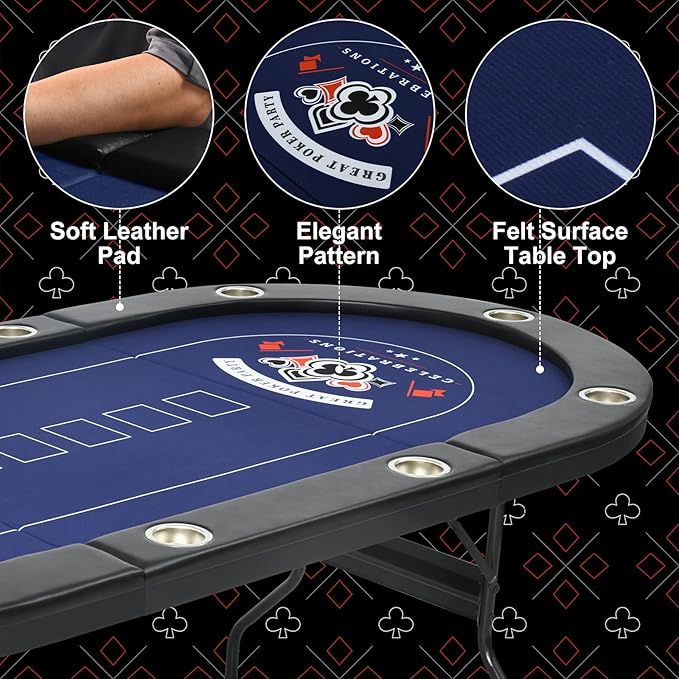 10 Player Poker Table Foldable, 84" Portable Casino Leisure Texas Holdem Table, Folding Game Table with Padded Rails and Cup Holders for Texas Card, Blackjack Board Game(Black)