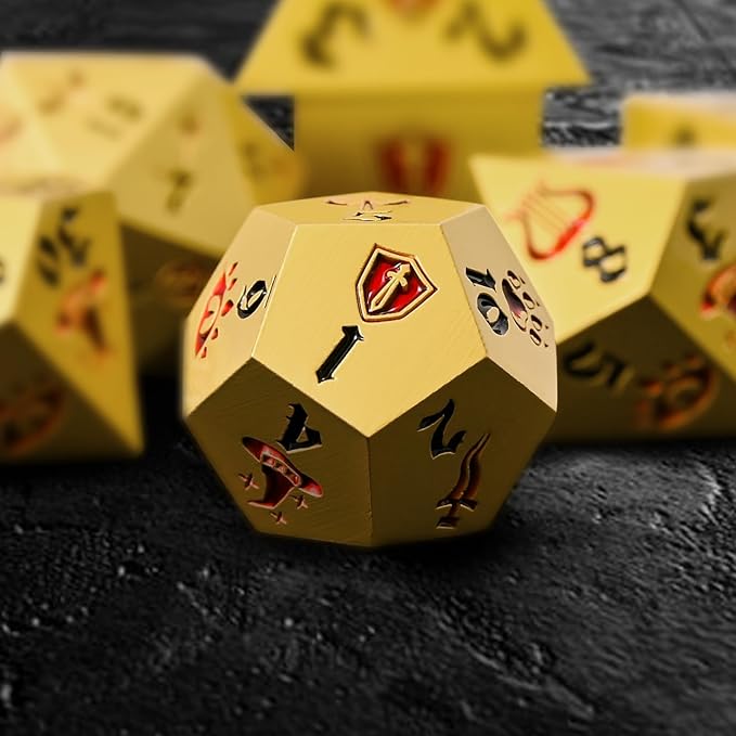 7PCS Metal Dice Set for Dungeons and Dragons,Class Icons Dice,Role Playing Board Games Accessories (Brass)