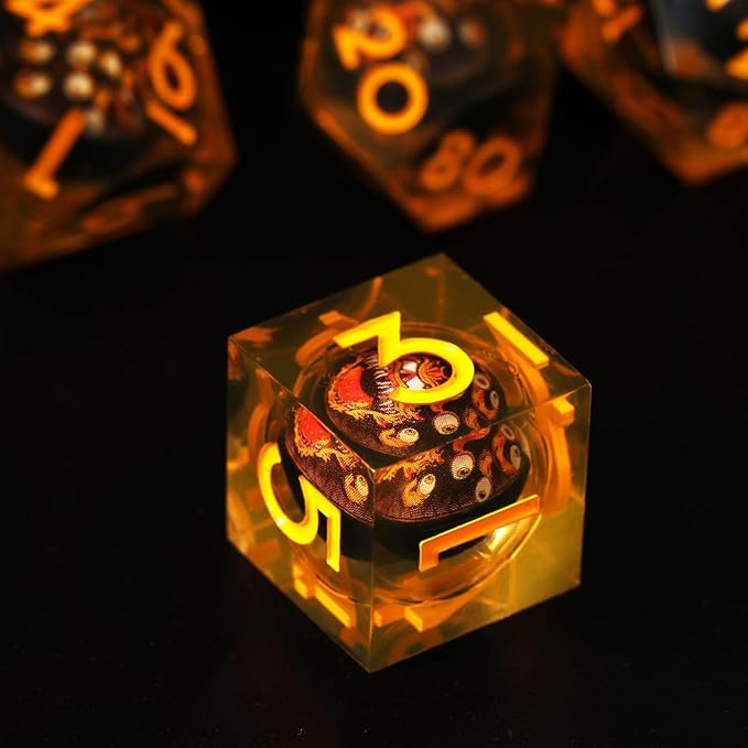 Cthulhu Beholder Polyhedral Resin Dice Set for Dungeons and Dragons Sharp Edge 7 PCS for D&D RPG Starter and Role-Playing Games, with Gift Box (Yellowish-Orange)