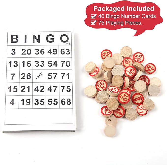 Bingo Board Game, Classic Bingo Cards, Vintage Wooden Bingo Game, Wooden Bingo Set Includes 40 Bingo Number Cards and 75 Chess, Game of Chance for Family Party Kids Adults Holiday Activities
