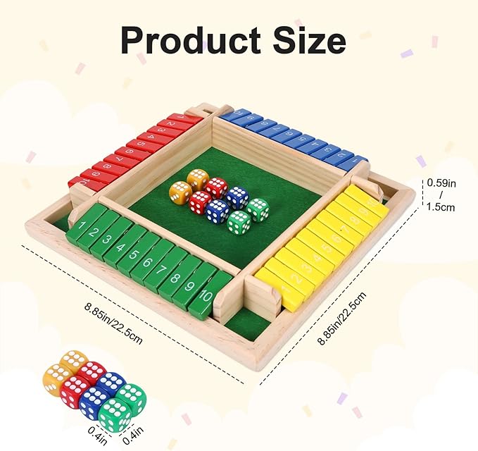 Shut The Box Game, Family Games for Kids and Adults, Classics Tabletop Math Skills Board Game, 2-4 Player Wood Board Shut The Box Dice Dame for Family Night Classroom Home Party and Pub