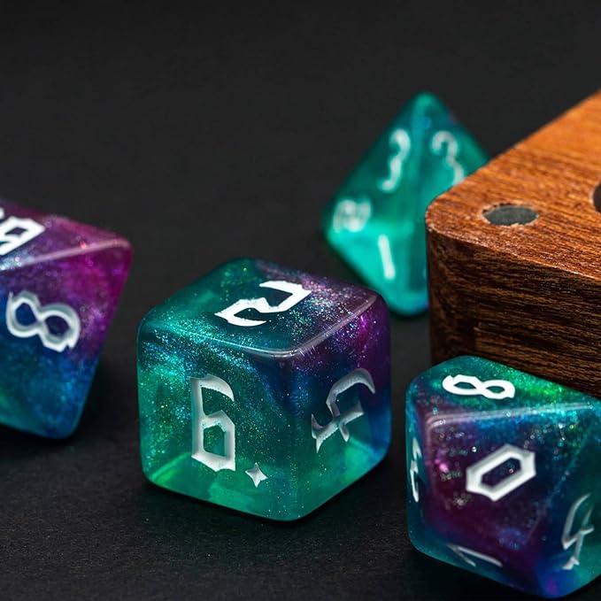 7-Die DND Dice Set Polyhedral Dice Set with a Leather Bag, D&D Dice Set for Dungeons and Dragons, RPG, MTG Table Games (Rose Blue w/Glitter)