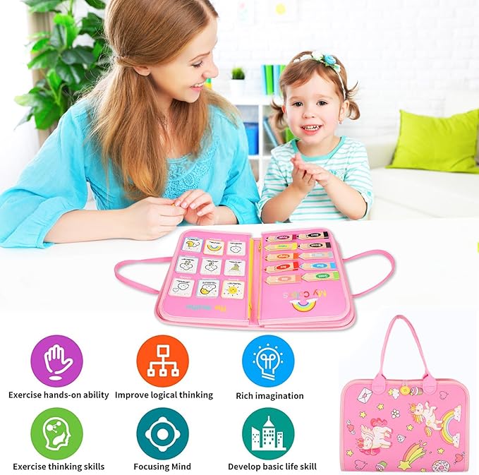 Busy Board, 7 in 1 for 3+ Years Old, 91Pcs Montessori Board to Learn Fine Motor Skills, Sensory Board, Preschool Educational Toys for Toddler Travel - Pink
