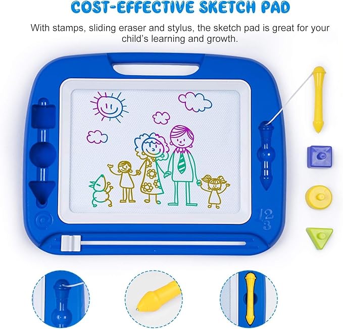 SGILE Large Magnetic Drawing Board - 4 Colors 16×13in Writing Painting Doodle Pad with 4 Stamps for Toddlers, Learning Educational Toy Etch Sketch Gift for 36+ Month Kids Girls Boys, Blue