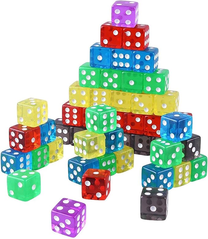 AUSTOR 50 Pieces Game Dice Set 5 Translucent Colors Square Corner Dice for Tenzi, Farkle, Yahtzee, Bunco or Teaching Math with Velvet Pouch