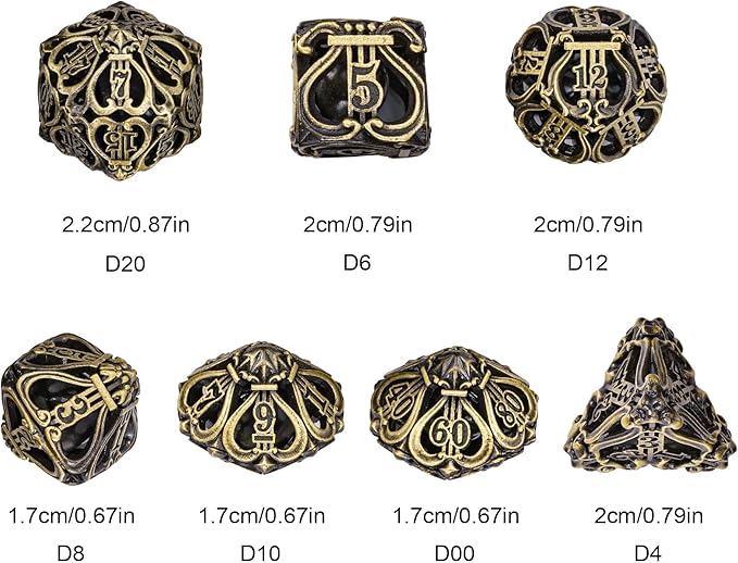 Cusdie 7-Die Metal Dice Set - Hollow Design with Bells - Crisp Sounding Gaming Dice in Tin Box - Perfect for Tabletop RPGs & Board Games(Ancient Bronze)