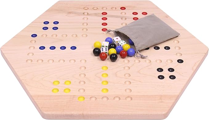 AmishToyBox.com Wahoo Marble Game Board Set - 20" Wide - Solid Maple Wood - Double-Sided - with Large 18mm Marbles and Dice Included