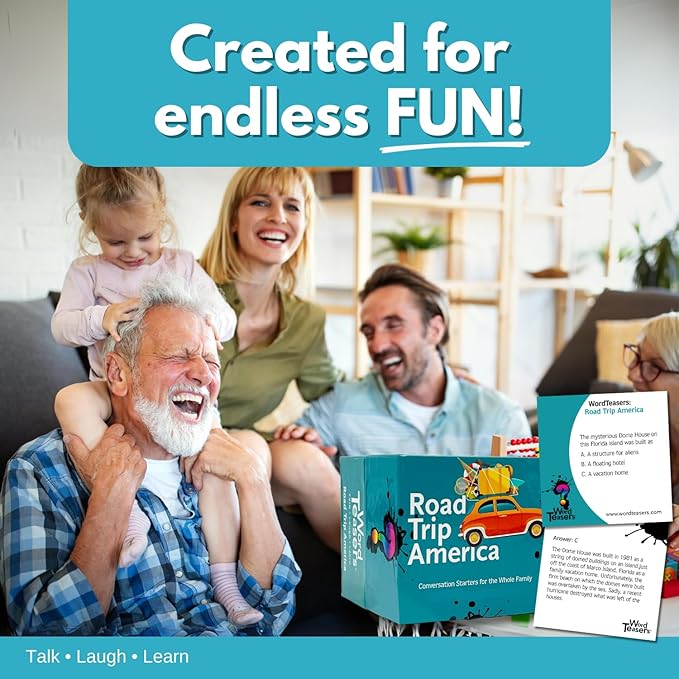 ? WORD TEASERS Road Trip America - Road Trip Game & Conversation Starter - Family Trivia Game About Places to Visit in The United States - Conversation Cards/Travel Car Games - 150 Questions