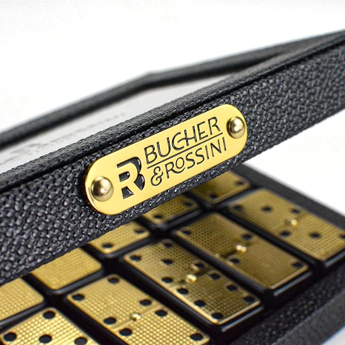 Bucher&Rossini Metal Surface Dominoes Set Double 6 for Adults and Kids - Claasic 28Pieces Gold Metal Surface Domino's Game Set Idea Gift Present for Domino Players or Family Game Night
