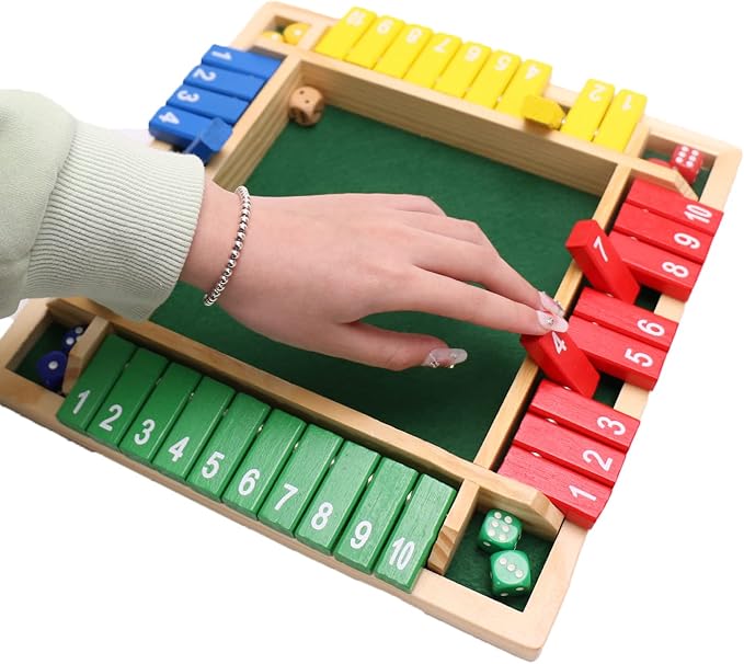 Shut The Box Dice Game-12 in Colorful Design 1-4 Players-10 Dice-Gift Package, Wooden Board Table Math Games for Adults Kids, Classics Tabletop Version and Pub Board Game