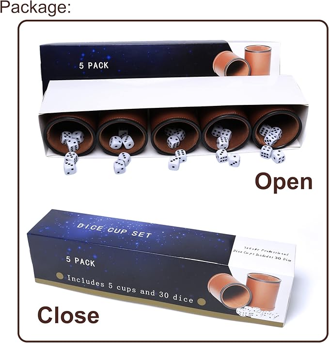 5 Pack PU Leather Dice Cups Felt Lining Quiet Shaker with 30 Dot Dice for Bar Party Yahtzee Farkle Dice Games