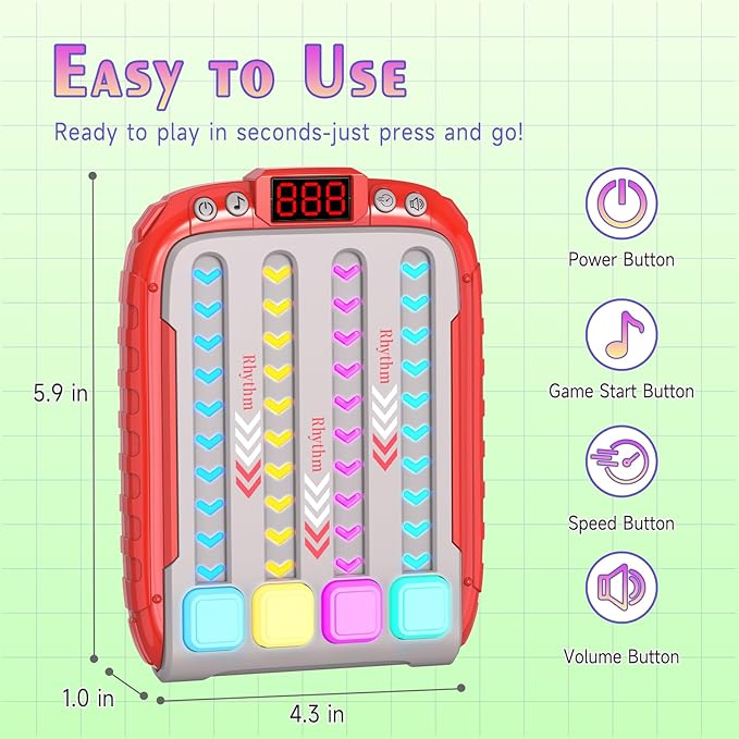 Rhythm Machine With Music and Light, Travel Handheld Puzzle Game, Fast Press Push Fidget Toy for Kids Aged 3-16 Years Old, AA Battery Operated
