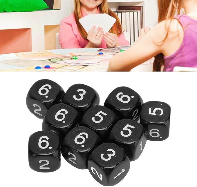 Number Dice, 20PCS Plastic 6 Sided Game Dice 16mm Round Corner Polyhedral Dice Set for Numeral Teaching Board Games (Black)