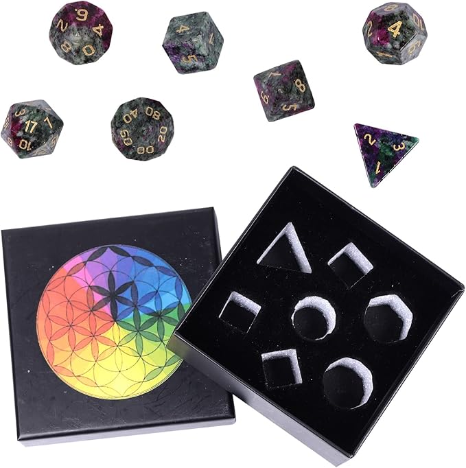 Nupuyai Healing Ruby in Fuchsite Crystal D&D Polyhedral Dice Set with Box for Dungeons and Dragons, Set of 7 Table Top Game Dice for RPG MTG Roleplaying Collection
