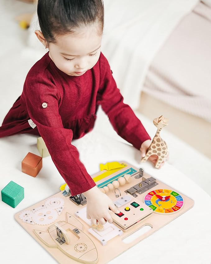 Busy Board for Toddlers 1-3 - Wooden Sensory Baby Activity Montessori Light Switch Toy - Kid's Educational Toys