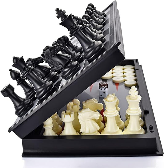 3 in 1 Magnetic Chess Checkers Backgammon Board Game Set with Folding Board Travel Games for Kids and Adults (Chess: Black & White)