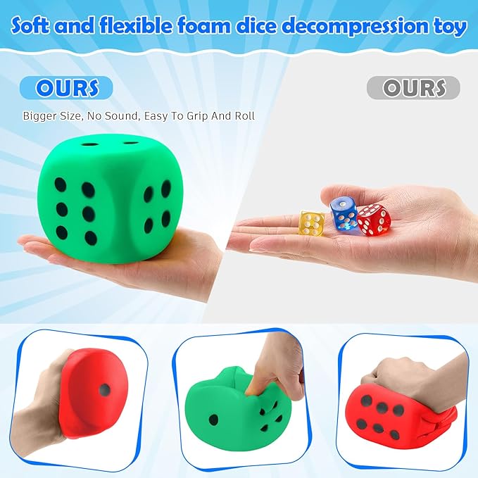 Zomiboo 2 Pcs Large Foam Dice Stress Balls Soft Jumbo 6 Sided Giant Dice Educational Learning Squeeze Anxiety Relieve Toy Gifts for Adults Kids Board Game Classroom(Red, Green,3.93 Inch)