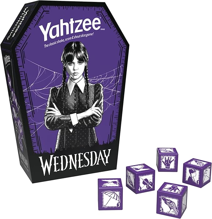 Yahtzee: Wednesday Dice Game, Collectible Flocked Interior Coffin Dice Cup, Classic Game Based on Addams Family Character Wednesday Addams, Officially Licensed Wednesday Game & Merchandise