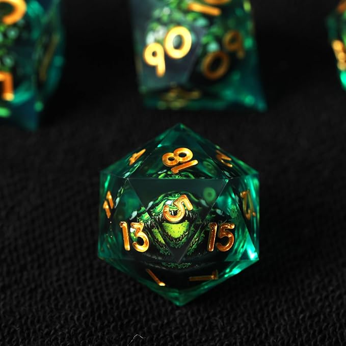 Cthulhu Beholder Polyhedral Resin Dice Set for Dungeons and Dragons Sharp Edge 7 PCS for D&D RPG Starter and Role-Playing Games, with Gift Box (Black-Green)