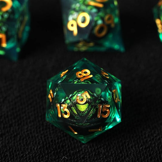 Cthulhu Beholder Polyhedral Resin Dice Set for Dungeons and Dragons Sharp Edge 7 PCS for D&D RPG Starter and Role-Playing Games, with Gift Box (Black-Green)