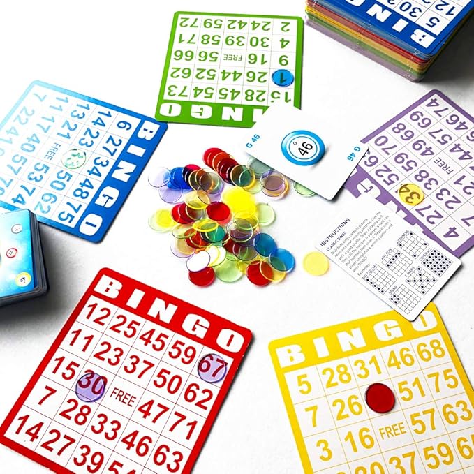 Yuanhe Bingo Cards Game Set - Includes 50 Bingo Cards,500 Colorful Transparent Bingo Chips and Deck of Calling Cards, Great for Adults Kids Family Game Nights, School Classroom Activity, Bingo Parites