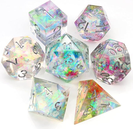 Haxtec Rainbow Sharp Edge Dice Set DND Dice with Iridescent Mylar Resin Dice Galaxy D&D Dice for RPG Role Playing Dungeons and Dragons Gift
